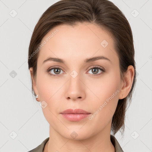 Neutral white young-adult female with medium  brown hair and grey eyes