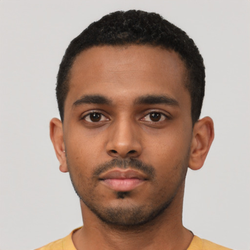 Neutral black young-adult male with short  black hair and brown eyes