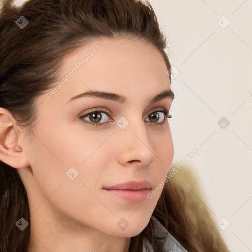 Neutral white young-adult female with long  brown hair and brown eyes