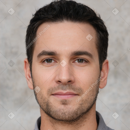 Neutral white young-adult male with short  brown hair and brown eyes