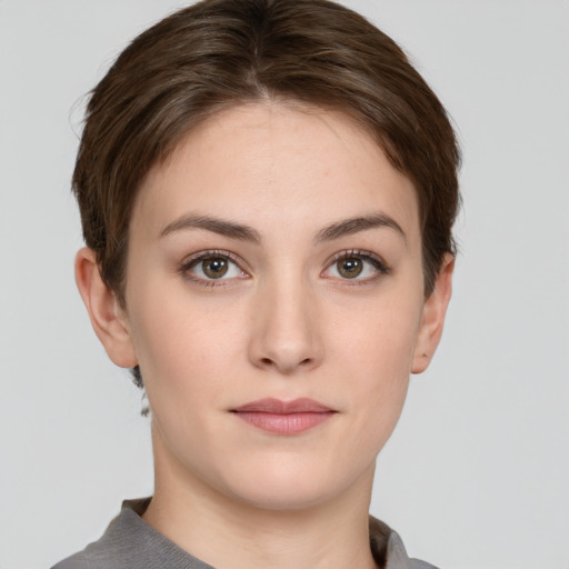 Neutral white young-adult female with short  brown hair and brown eyes