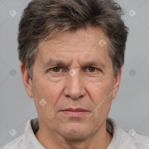 Joyful white middle-aged male with short  brown hair and brown eyes