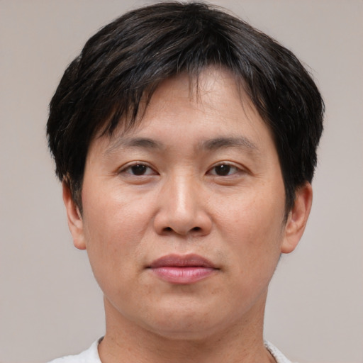 Joyful asian adult male with short  brown hair and brown eyes