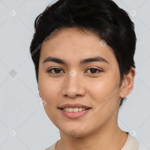 Joyful asian young-adult female with short  brown hair and brown eyes