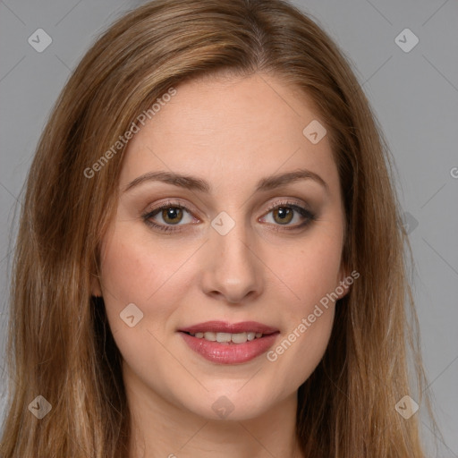 Joyful white young-adult female with long  brown hair and green eyes