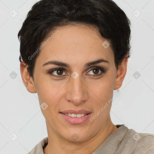 Joyful white young-adult female with short  brown hair and brown eyes