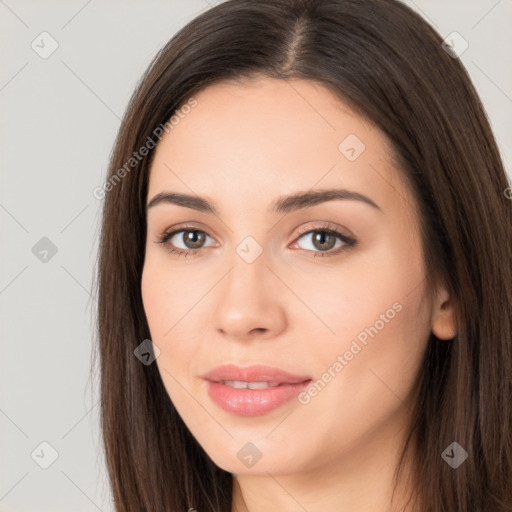 Neutral white young-adult female with long  brown hair and brown eyes