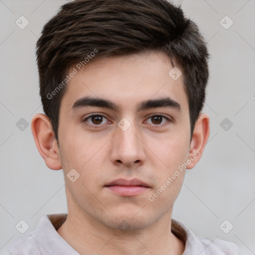 Neutral white young-adult male with short  brown hair and brown eyes