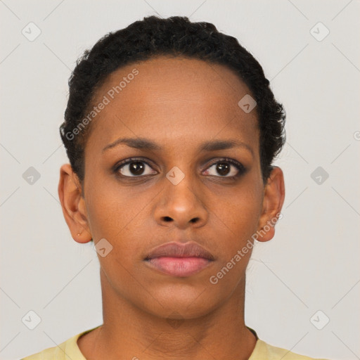 Neutral black young-adult female with short  brown hair and brown eyes