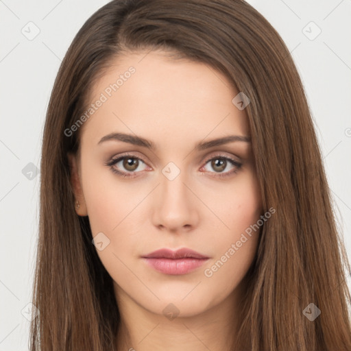 Neutral white young-adult female with long  brown hair and brown eyes