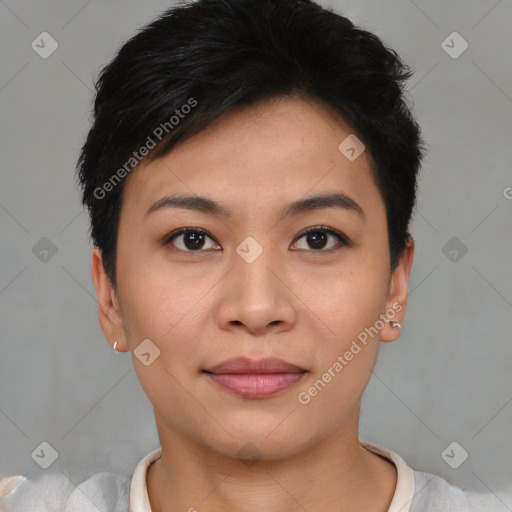 Joyful asian young-adult female with short  black hair and brown eyes