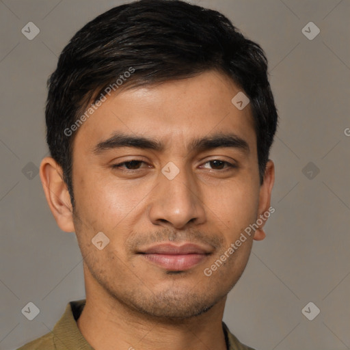 Joyful asian young-adult male with short  black hair and brown eyes