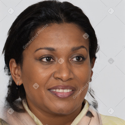 Joyful black young-adult female with medium  brown hair and brown eyes
