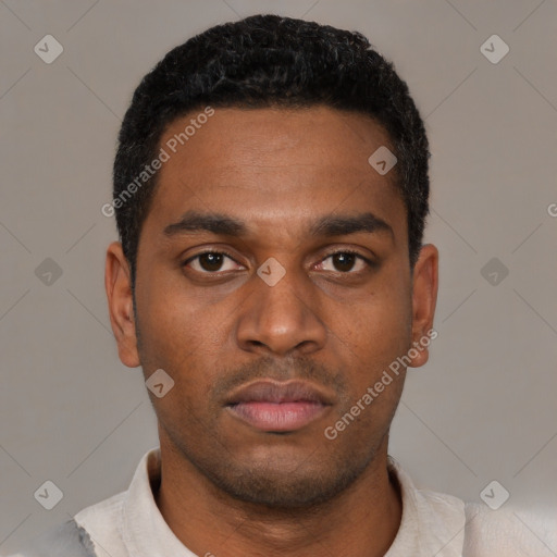Neutral latino young-adult male with short  black hair and brown eyes