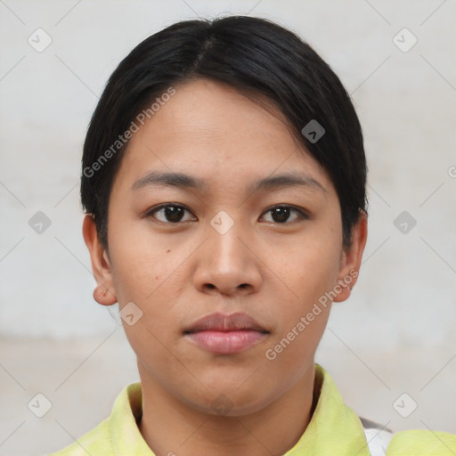 Neutral asian young-adult female with short  black hair and brown eyes