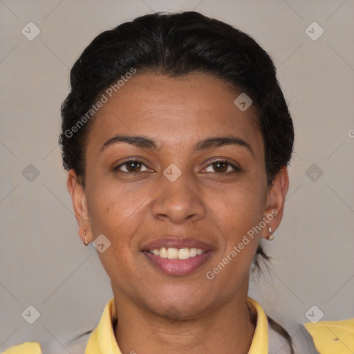 Joyful latino young-adult female with short  brown hair and brown eyes