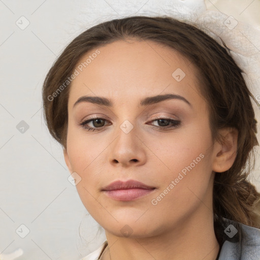 Neutral white young-adult female with medium  brown hair and brown eyes