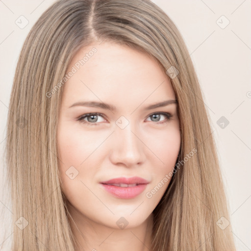 Neutral white young-adult female with long  brown hair and brown eyes