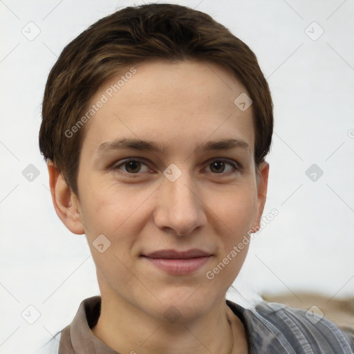 Joyful white young-adult female with short  brown hair and grey eyes