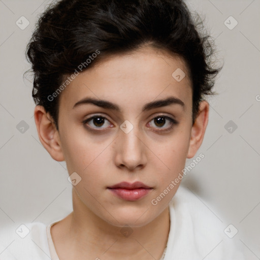 Neutral white young-adult female with short  brown hair and brown eyes