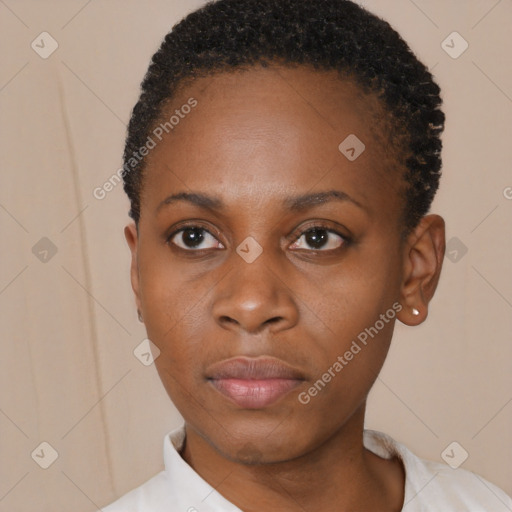 Neutral black young-adult female with short  black hair and brown eyes