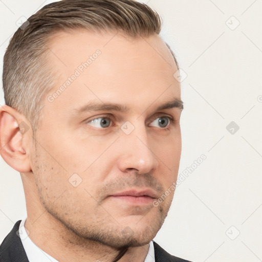 Neutral white young-adult male with short  brown hair and brown eyes