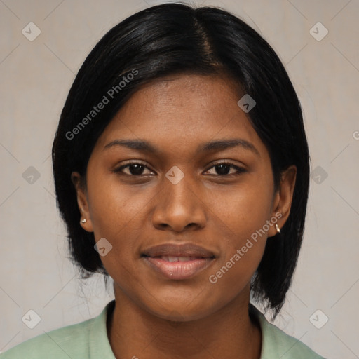 Joyful asian young-adult female with medium  black hair and brown eyes