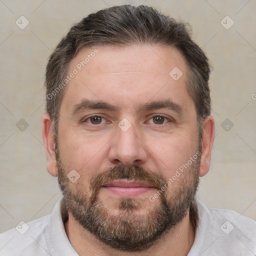 Neutral white adult male with short  brown hair and brown eyes