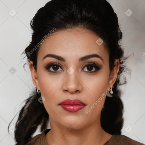 Joyful white young-adult female with medium  black hair and brown eyes