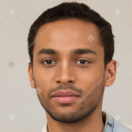 Neutral latino young-adult male with short  brown hair and brown eyes