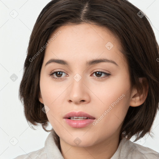 Neutral white young-adult female with medium  brown hair and brown eyes