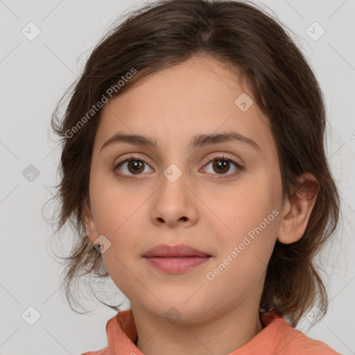 Neutral white young-adult female with medium  brown hair and brown eyes