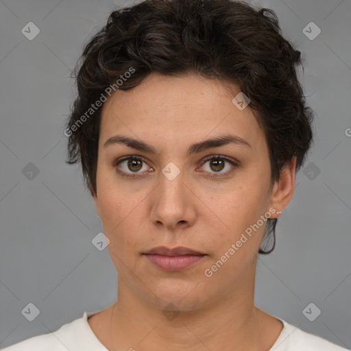 Neutral white young-adult female with short  brown hair and brown eyes