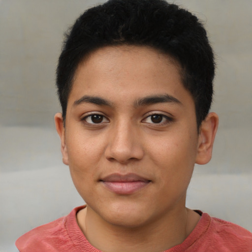 Neutral latino young-adult female with short  black hair and brown eyes