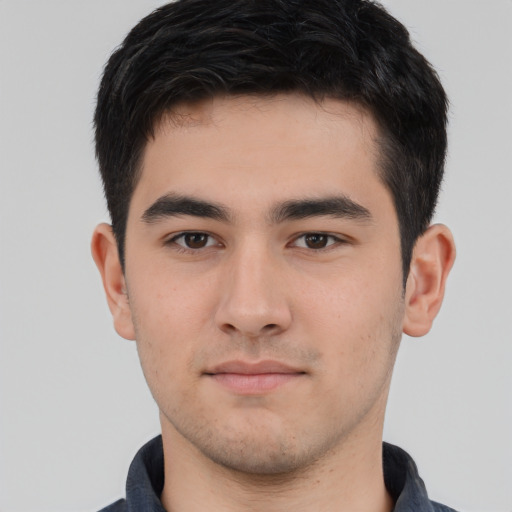 Neutral white young-adult male with short  black hair and brown eyes