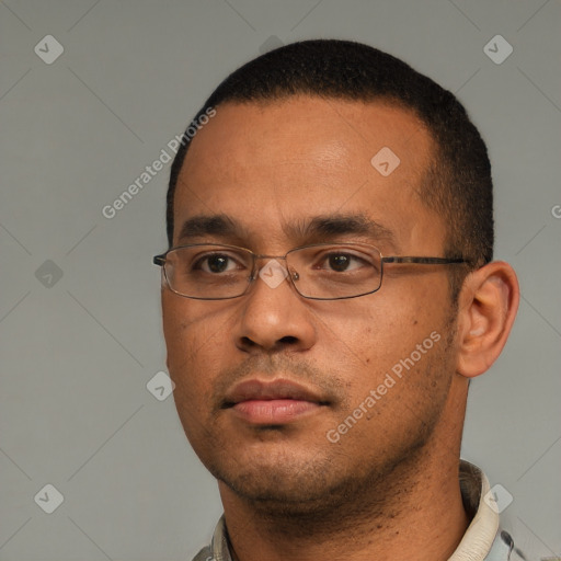 Neutral white young-adult male with short  black hair and brown eyes