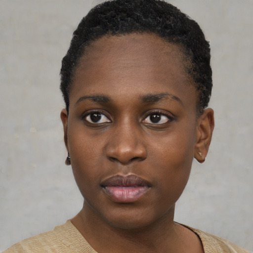 Neutral black young-adult female with short  black hair and brown eyes