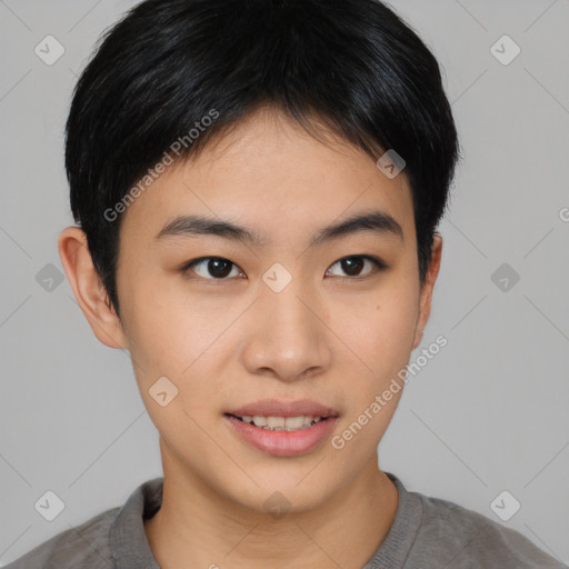 Joyful asian young-adult male with short  brown hair and brown eyes