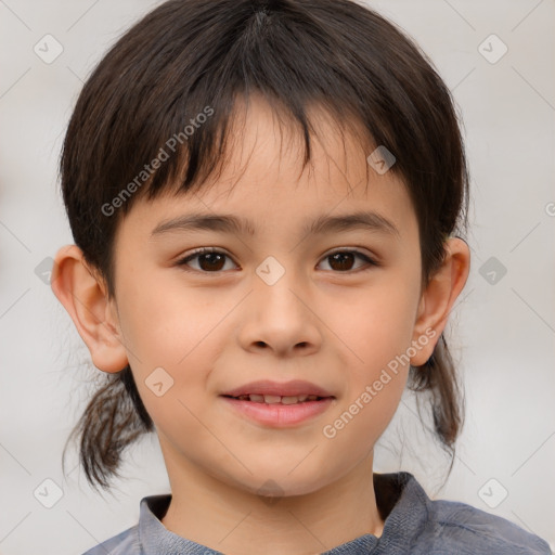 Joyful white child female with medium  brown hair and brown eyes