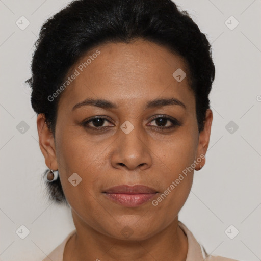 Joyful latino young-adult female with short  brown hair and brown eyes
