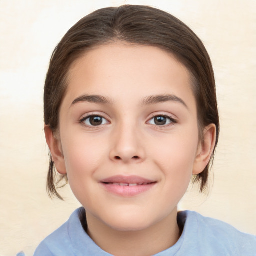 Joyful white child female with medium  brown hair and brown eyes