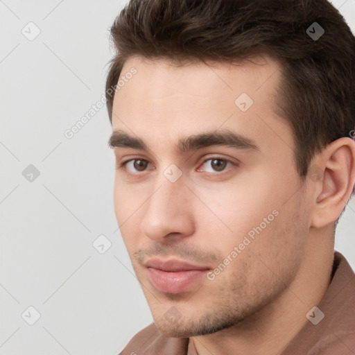 Neutral white young-adult male with short  brown hair and brown eyes