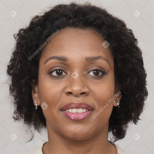 Joyful black adult female with medium  brown hair and brown eyes