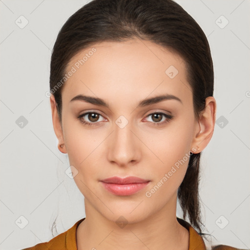 Neutral white young-adult female with medium  brown hair and brown eyes