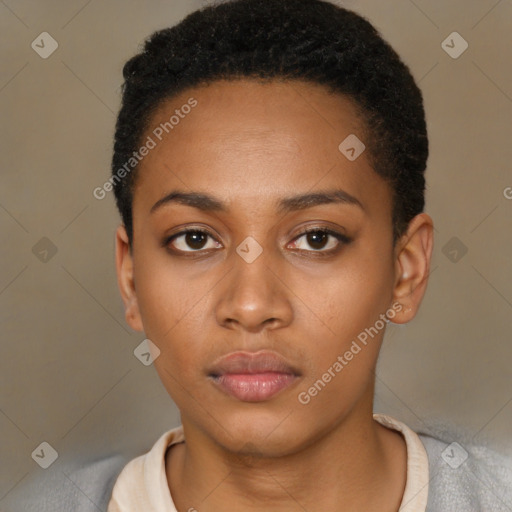 Neutral black young-adult female with short  black hair and brown eyes