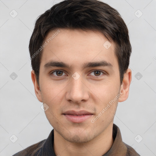 Neutral white young-adult male with short  brown hair and brown eyes