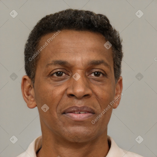 Neutral black adult male with short  brown hair and brown eyes