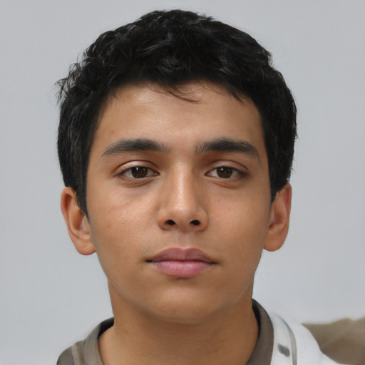 Neutral asian young-adult male with short  black hair and brown eyes