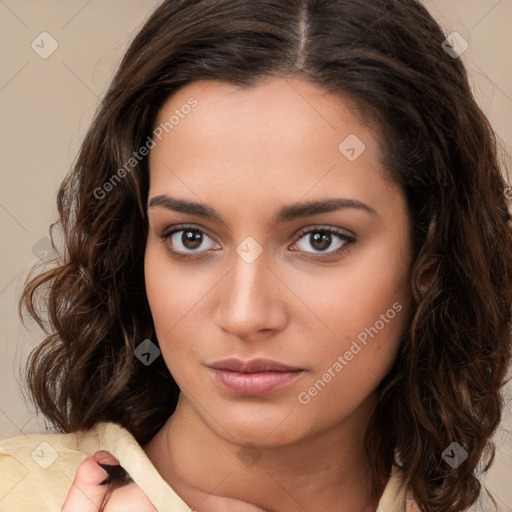 Neutral white young-adult female with medium  brown hair and brown eyes