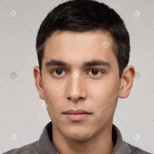 Neutral white young-adult male with short  brown hair and brown eyes